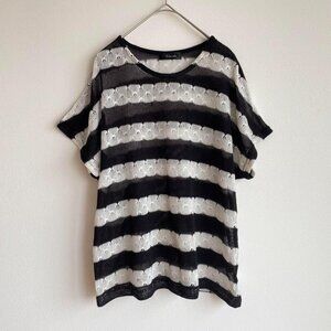 Milla Short Sleeve Summer Knit Openwork Dolman Striped Black And White
